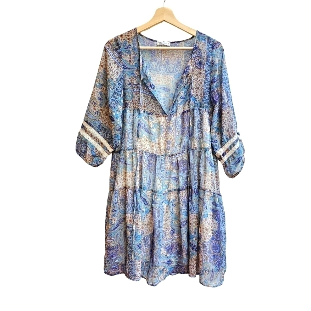 Pull&Bear Ethereal Gauzy Tunic Peasant Dress with Tiered Skirt, Size Small